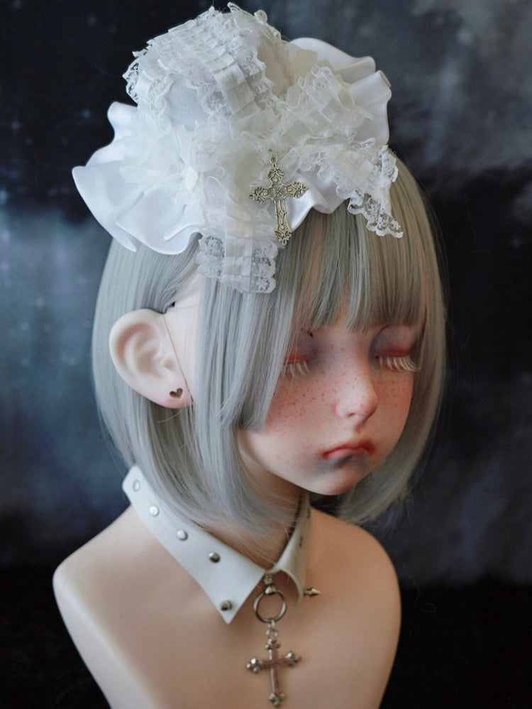 White Gothic Cross Lace Bow Ruffle Hem Hat Hairclip