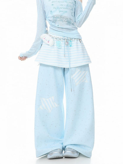 Blue Star Patches Straight Pants with Striped Overlay Detail - Languid Park
