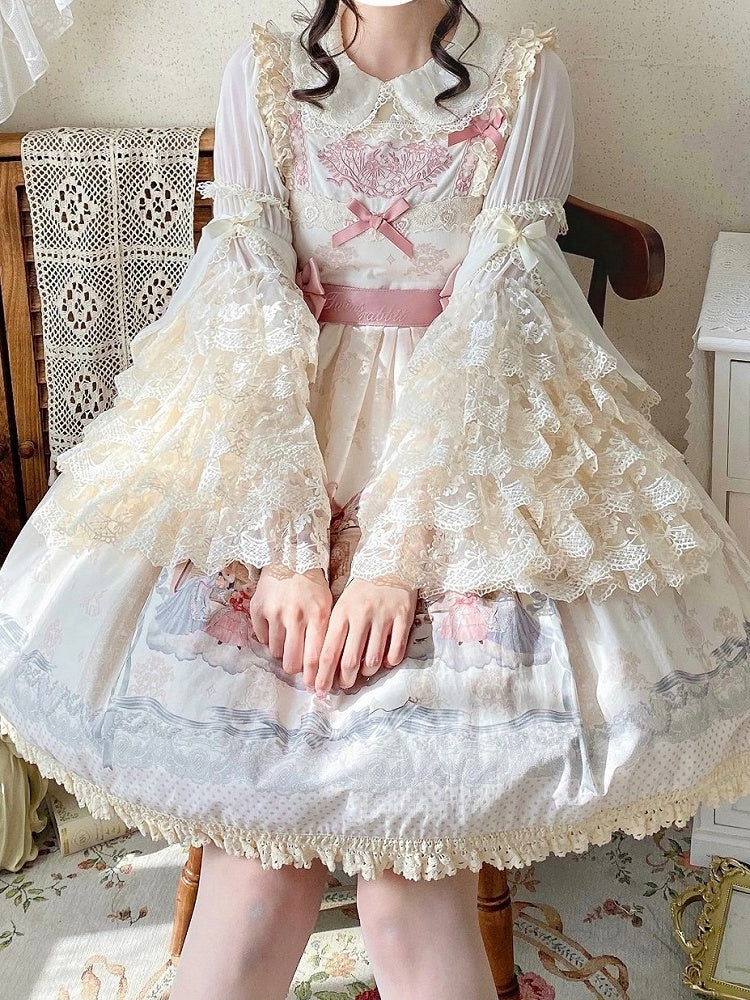 Beige Tiered Lace Bell-Sleeve Chiffon Blouse - Qian Mu