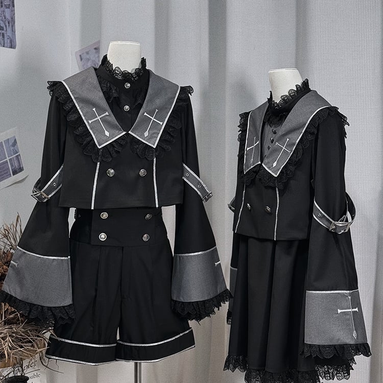 Langärmliges, kurzes, besticktes graues Oberteil und Kragenkreuz Ouji Black Square Lolita
