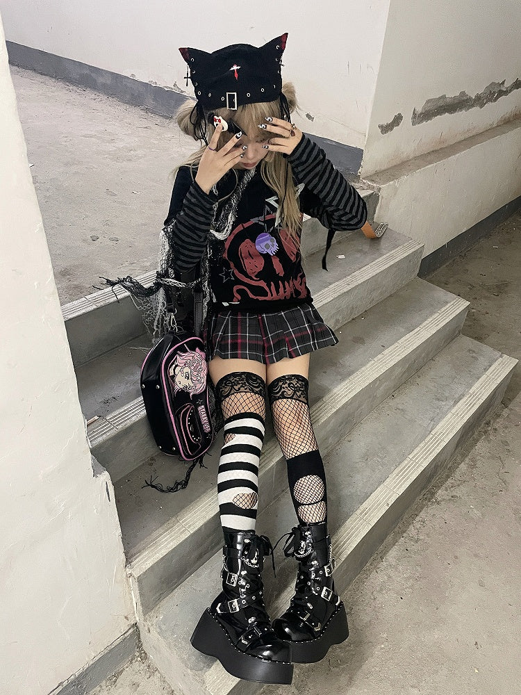 Punkrock-Zweiteiler und Top aus schwarzer Skelett-Baumwolle mit Sternendruck