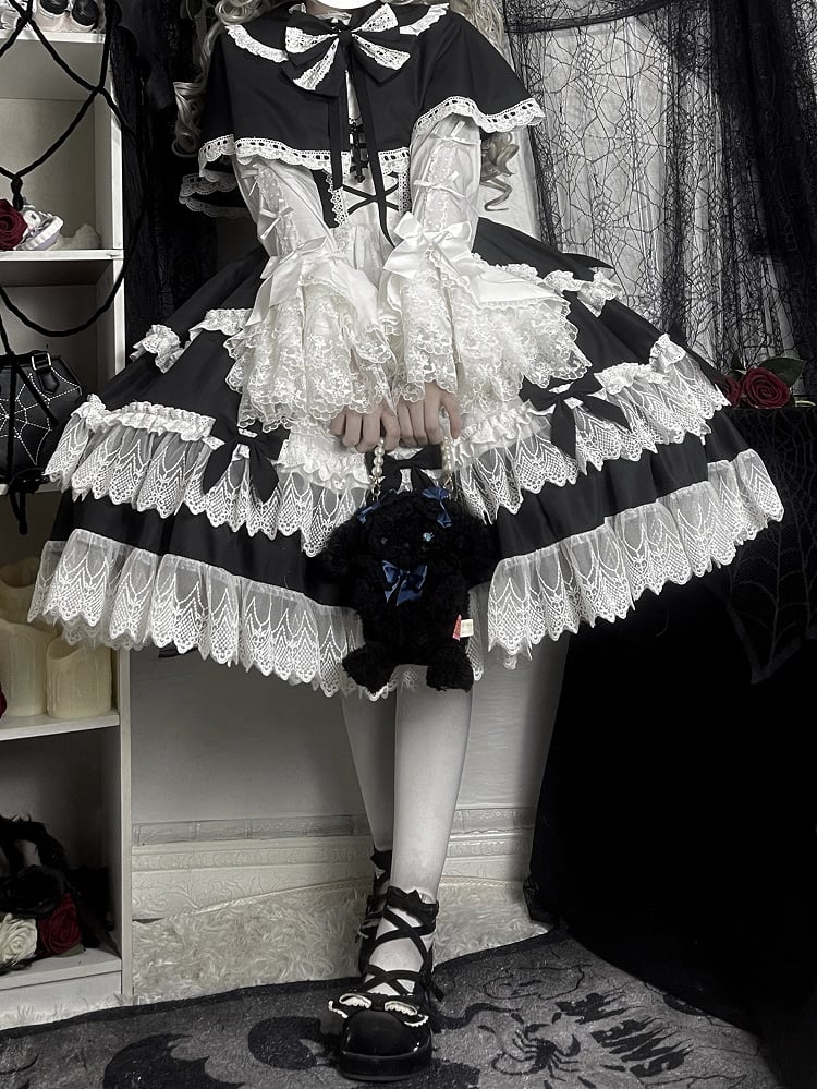 Schwarz-weißes Old School Lolita Fashion Kleid Bowknot Lolita JSK Set