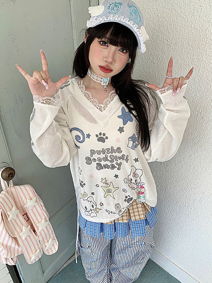 Sleeve White Cartoon Lace Long with Top Print V-neck Trim