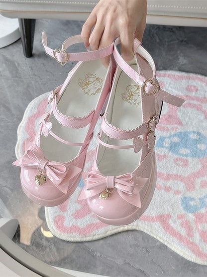 Pink Heart High at with Details Bow Elegant Heels Block Platform Lolita Top