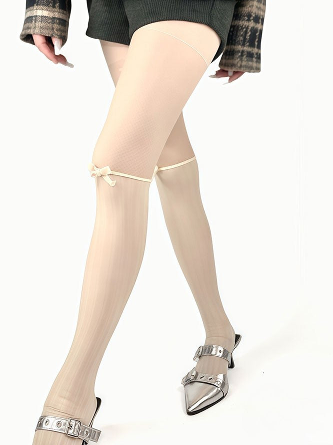 Tights Black/Beige Decorated Bowknot Striped