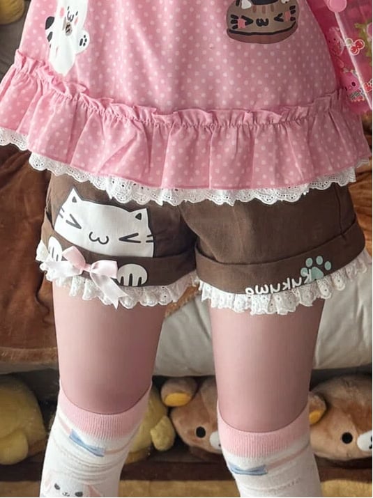 Paw Kitten Brown Cat Shorts Prints Trim with Lace and