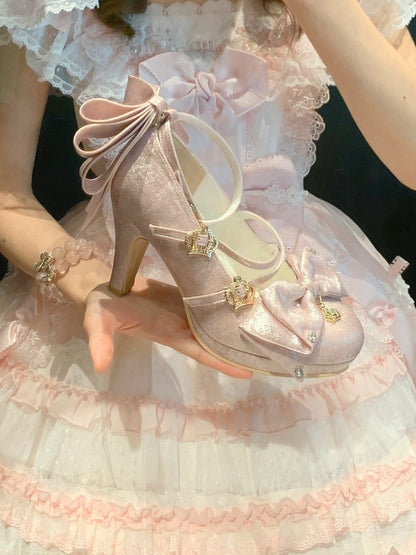 Pink Crown Buckle 8.5cm High Heels with Bowknot and Crystal Accents - Aimee