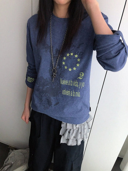 Y2K Purple Crew-Neck Long-Sleeved Loose Tee with Distressed Graphic - innomoood