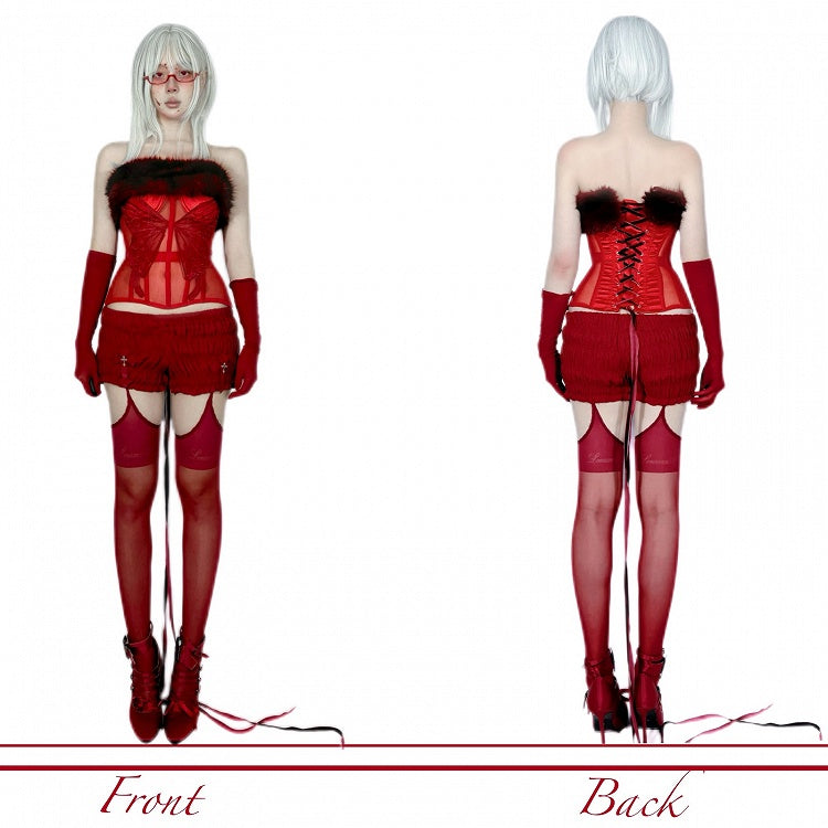 Gothic Red Plush Neckline Butterfly Semi-sheer Boned Corset