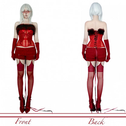 Gothic Red Plush Neckline Butterfly Semi-sheer Boned Corset