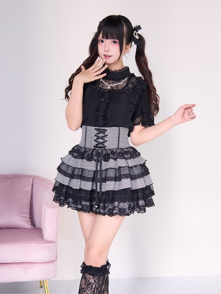 Black Neckline with Beaded Style Chain Details Illusion Criss-cross Jirai Kei Blouse