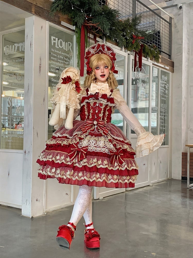 Dress Neckline Flower Princess Red Bead Chain Bow Gorgeous Lolita