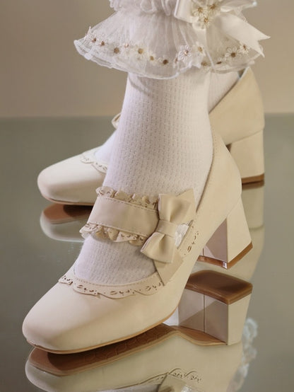 Block Scalloped Apricot Lolita Decor with Design Janes Heel - Details High Bow Mary Slip-On Trim