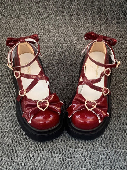 Sweet Jane PU Mary Wine Fastening Bow Red Snap Lolita Embellishments with Shoes Heart