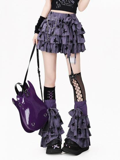 Purple Tie-dye Tiered Ruffle Skirt with Distressed Details & Matching Leg Warmers Set - CRAZY GIRL