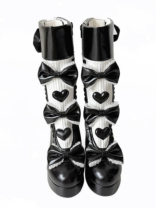 Platform Black Elegant High-heel with Closure PU Lolita Accents System Bow Dual Boots