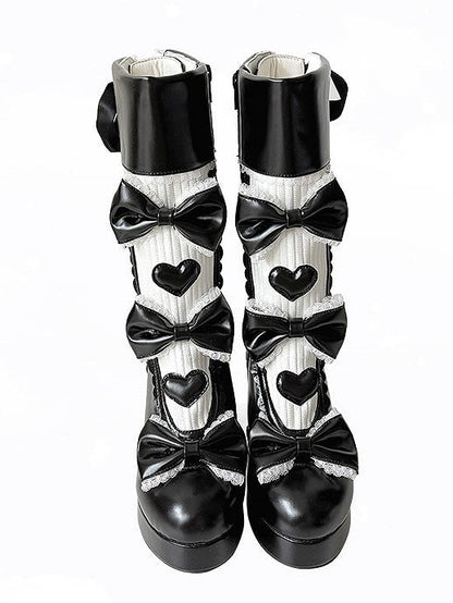Platform Black Elegant High-heel with Closure PU Lolita Accents System Bow Dual Boots