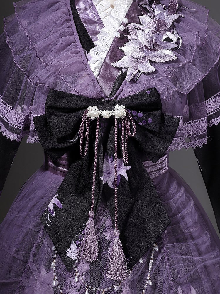 Floral Crossover Dress Neck Black Overdress Purple + Lolita Skirt Han Print Tulle