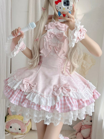 Set Accents Sweet Lolita Idol Pink Neck Bow Dress Halter Sakura / JSK Full