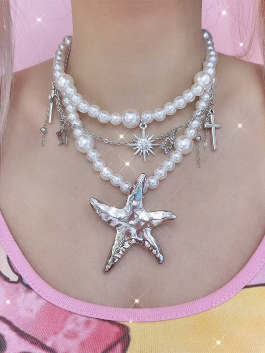 Cross Starfish And Chain Y2K Charms With Pearl Necklace Silver Meteor