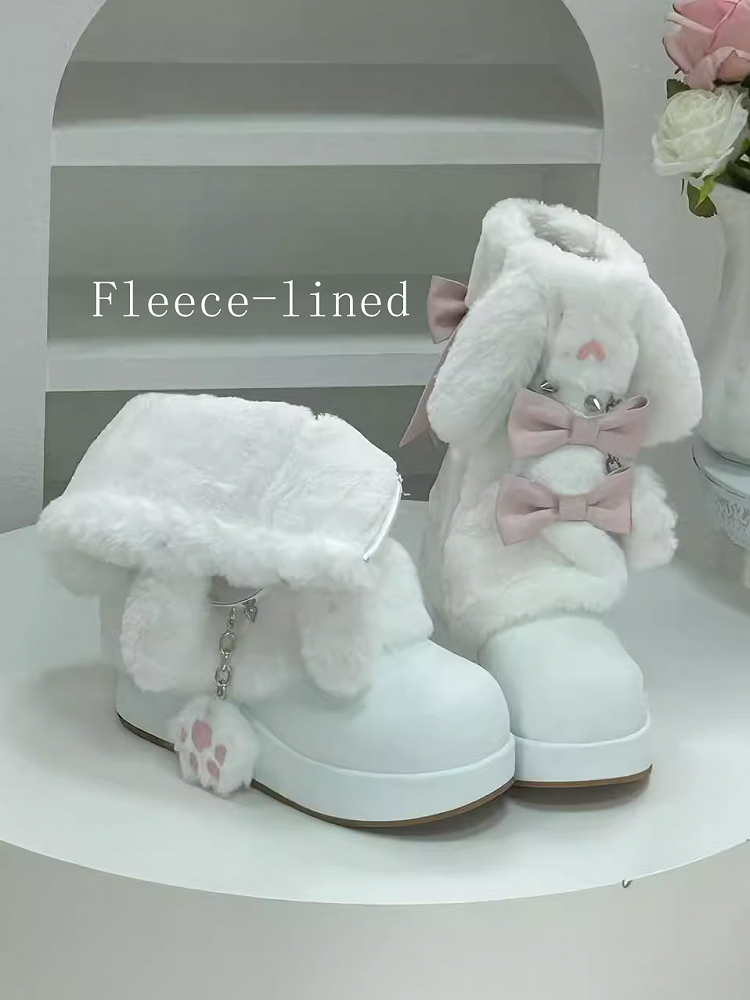 Sweet and Bunny - Regular/Fleece-Lined Studs Winter Bows Ear Boots Platform Version with White