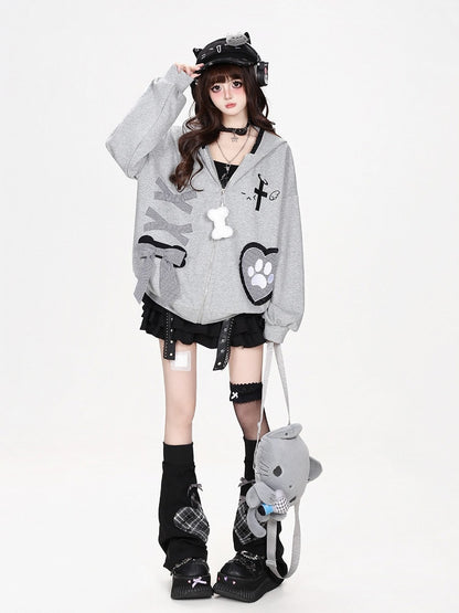 Kawaii Ruffled Kitty-Ear Hooded Jacket with Bow and Heart Patch in Grey - CRAZY GIRL