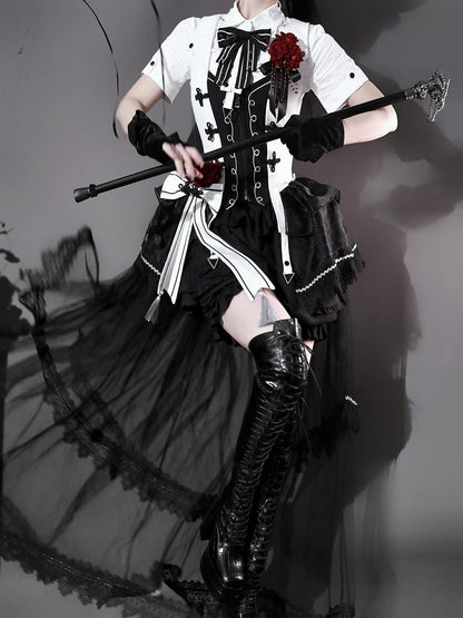 Black White Detachable Train with Tulle Waistcoat Lolita Ouji