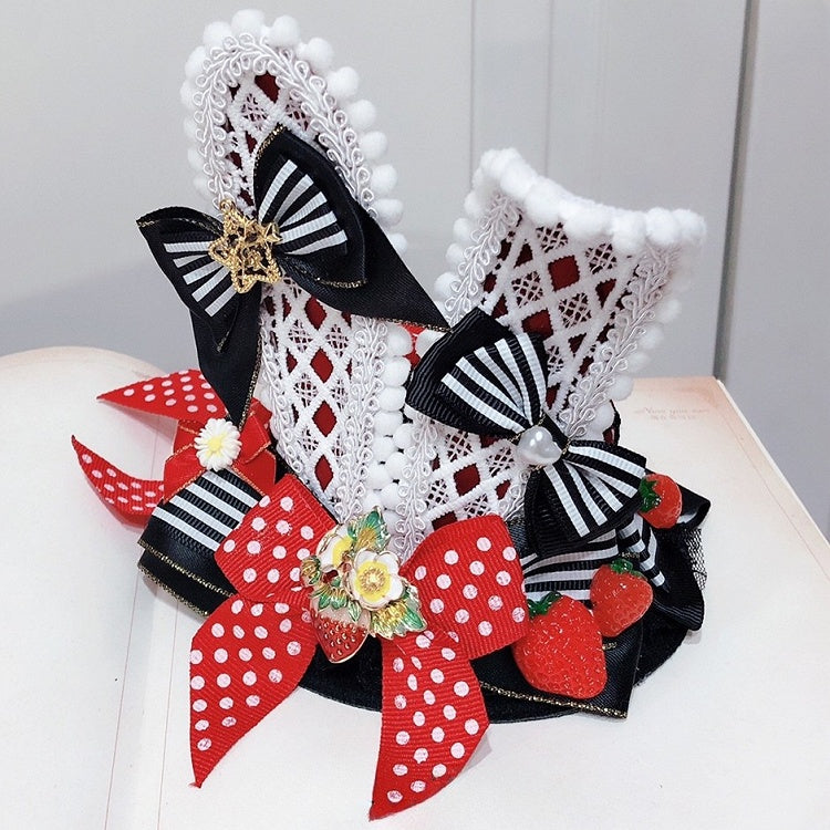 Mini Bunny Lolita Details Decorated Ears Sweet Red/Black Strawberry Bowknot Hat