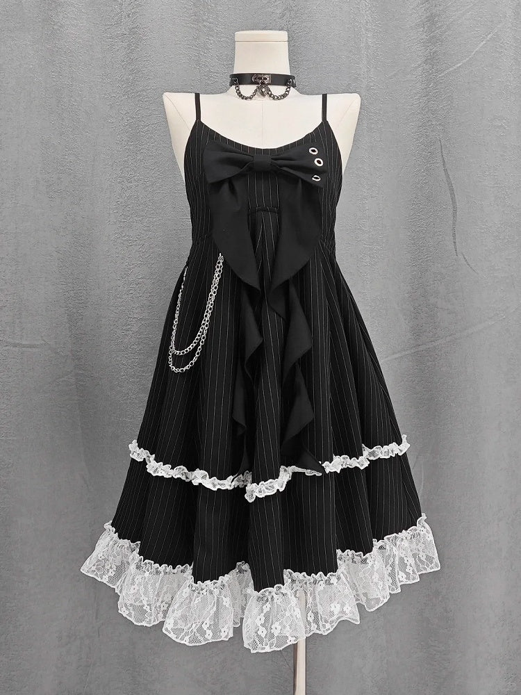 Skirt Cami Dress Big Bow Neckline Black with Striped Waist Detachable Chain Bubble