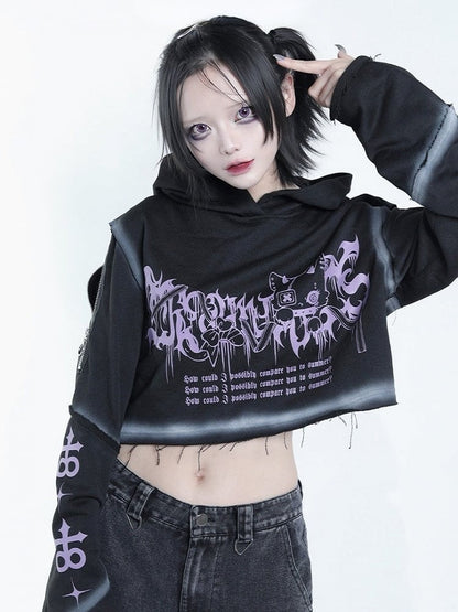 Dark Style Purple & Black Cat Symbol Graphic Cropped Hoodie with Shoulder Zip - Tribuo Flos