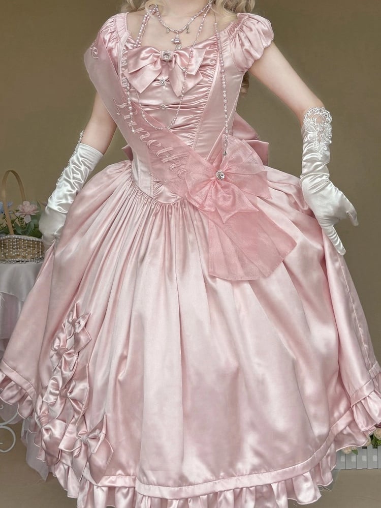 Soft Pink Lolita OP Dress with Satin, Lace and Butterfly Bowknot Details - Snow Lolita