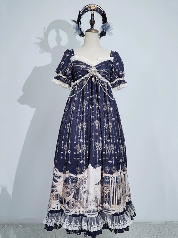 Dress Empire Print Chain Waist Unicorn with Beaded Starry Lolita Blue Dark Night