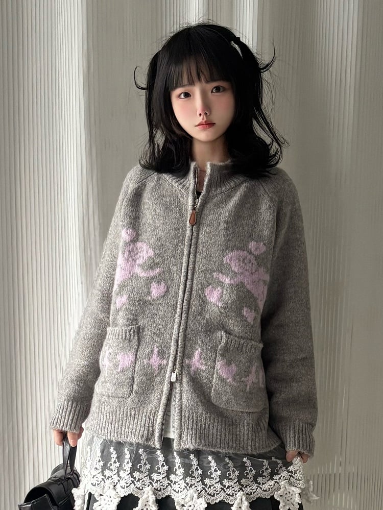 Two-way Pink Placket Zip Knit - Jacket Neck Round Grey