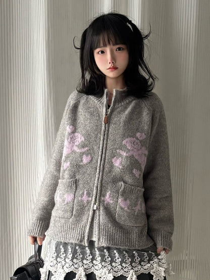 Two-way Pink Placket Zip Knit - Jacket Neck Round Grey