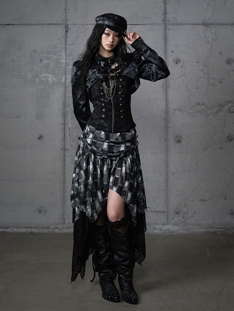 Jacket Punk with Vintage Studs PU Buckled Crop Straps Black