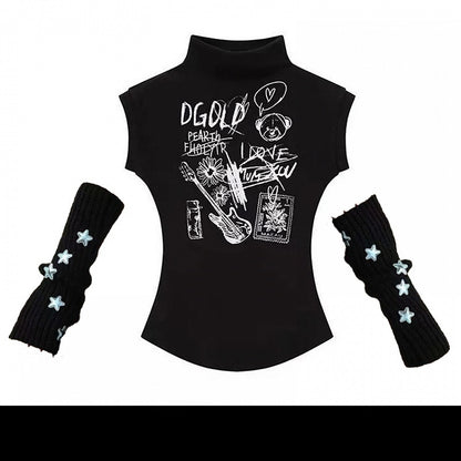 Y2K Schwarzes, Rundhals-Cartoon-Tanktop mit glamouröser, schmaler Passform