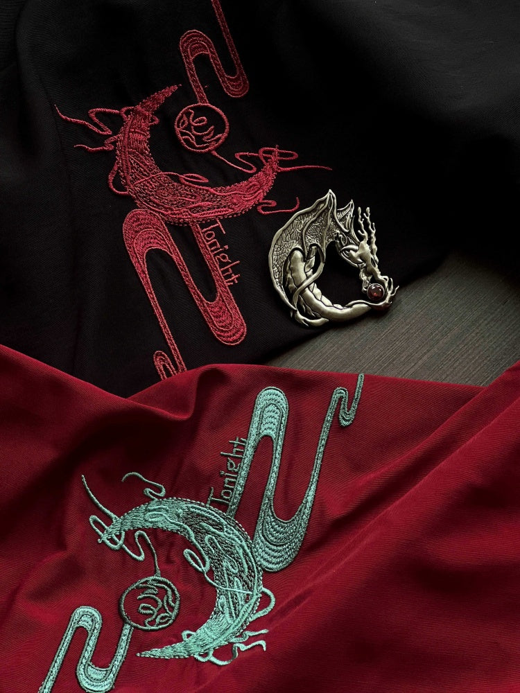 赤/黒/紫の龍と月の刺繍ショール