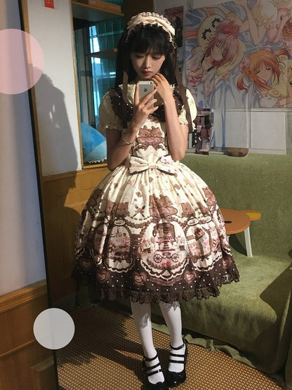 Sleeves Lolita Floral with Puff JSK Theme Cat Dress Sweet Chocolate Print