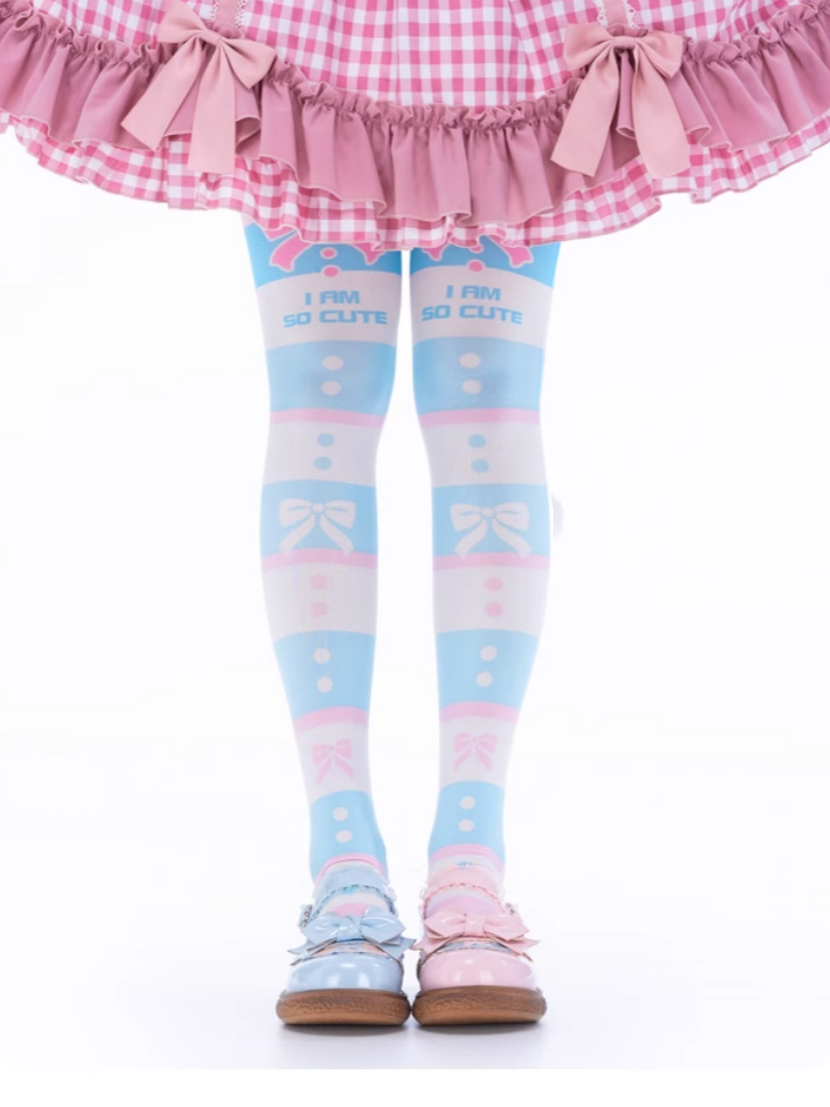 Blue and White Striped Bow Print Over Knee Stockings