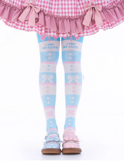 Blue and White Striped Bow Print Over Knee Stockings