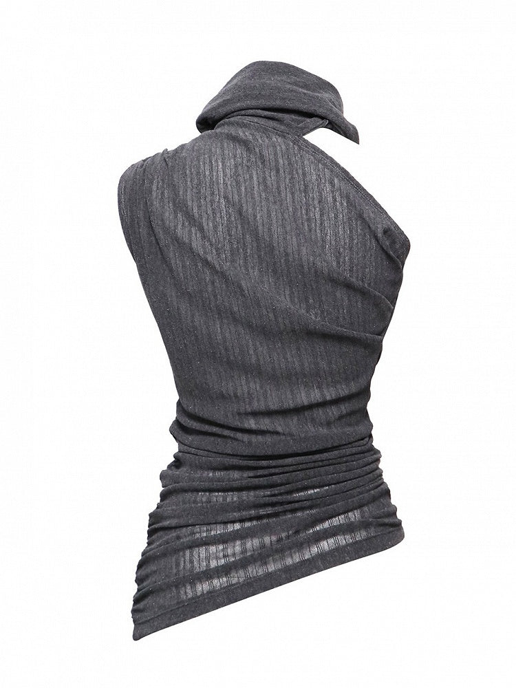 Asymmetric Gray Knit High-Neck Sleeveless Top - Flowers birds Market