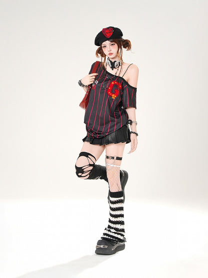 Asymmetrical Neckline Blokette Core White/Black Striped T-shirt