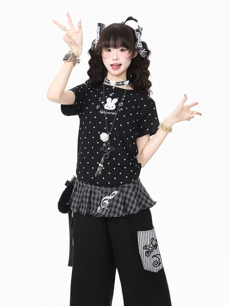 Black Polka Dot Short Sleeve Tee with Bunny Embroidery - Languid Park