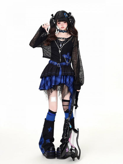 Blue Black Plaid Cropped Top with Cross Chain Detail - CRAZY GIRL