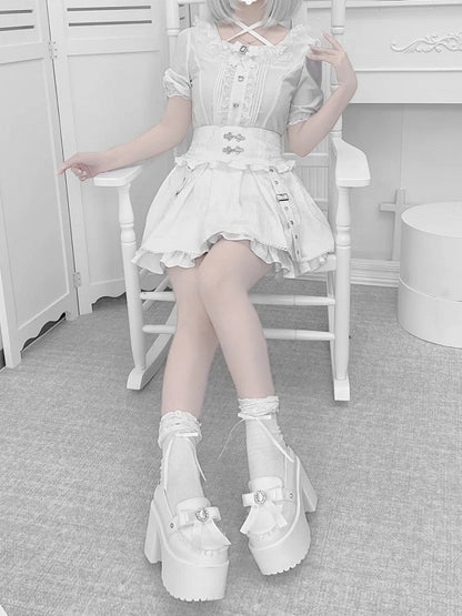 Techwear Style Jirai Kei Knot Skirt White with Cheongsam Buttons Jacquard