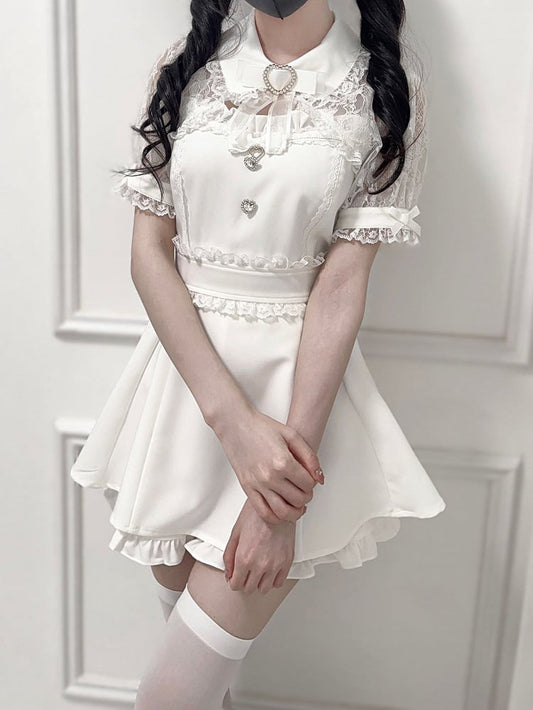 Set Kei Sweetheart Decoration + Shawl White Collar Jirai Bowtie -Shirt Top Lace Shorts Rhinestone