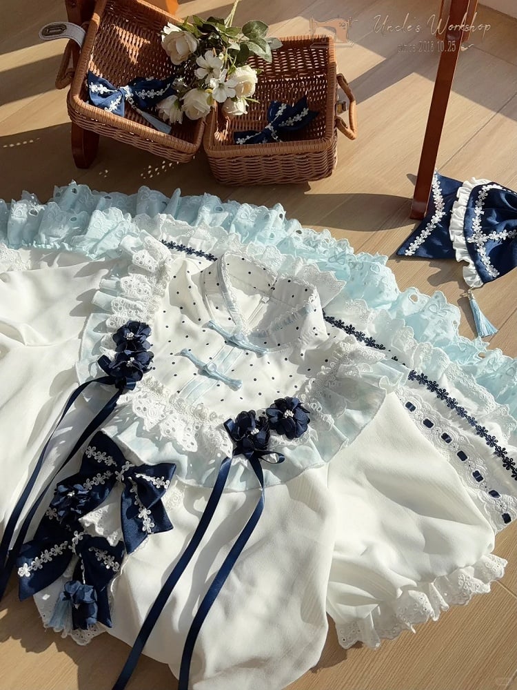 and White Banded Lolita Han Accents Blue Flower Collar Bow Dress with Puff Sleeves
