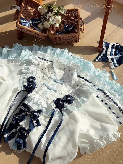 and White Banded Lolita Han Accents Blue Flower Collar Bow Dress with Puff Sleeves