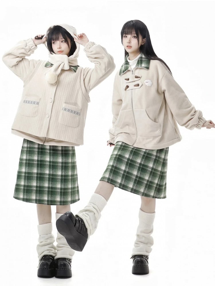 アプリコットホーンボタンデザインフリースコート+ポンポンスカーフ+ベスト