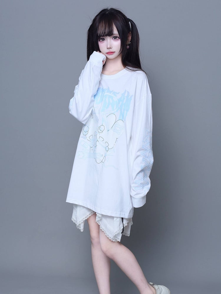 Print White Lace-Up Long-Sleeve T-Shirt Kei Jirai with Bunny